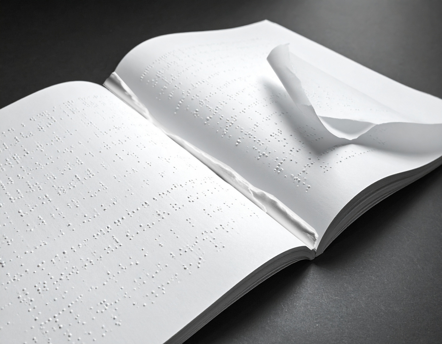 Чорно-біле зображення книги надрукованої шрифтом Брайля, одна зі сторінок вирвана. Зверху від зображення напис 404 Page not found, знизу - 404 Сторінку не знайдено